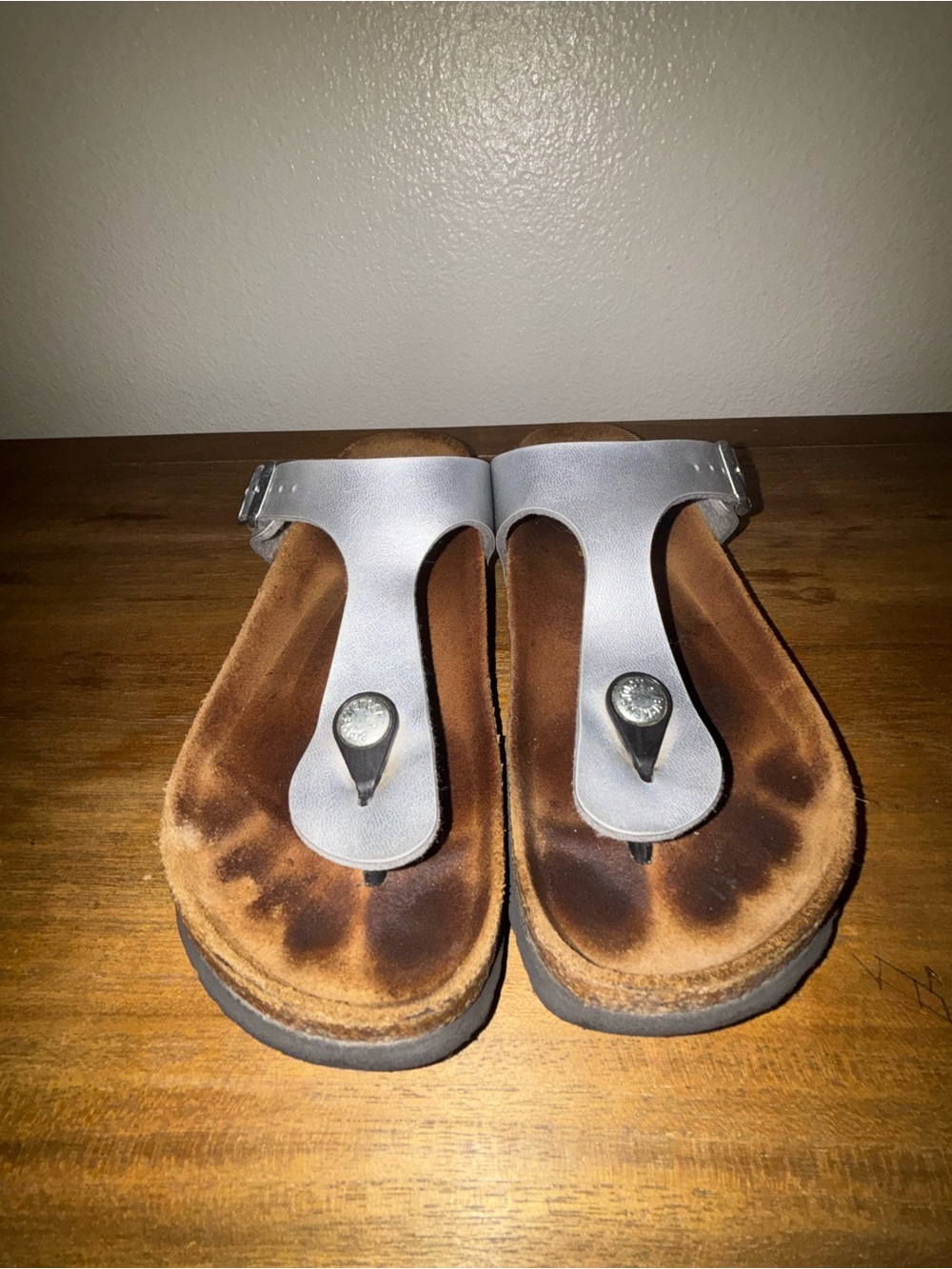 Birkenstock Gizeh Birko-Flor Silver Leather Sandals Women's Size US Sz 7.5 EU 38